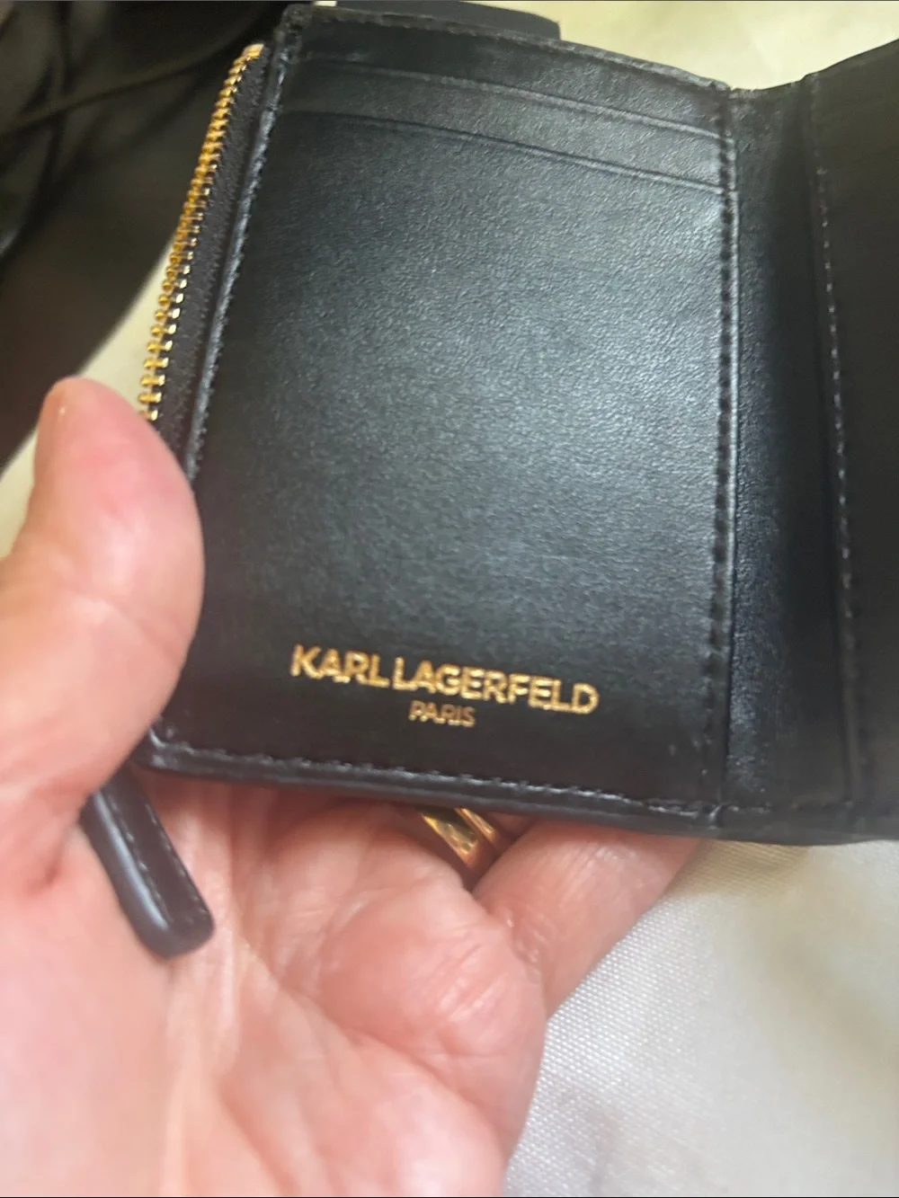 Karl Lagerfeld Black Leather Mini Wallet with Gold Logo Plaque